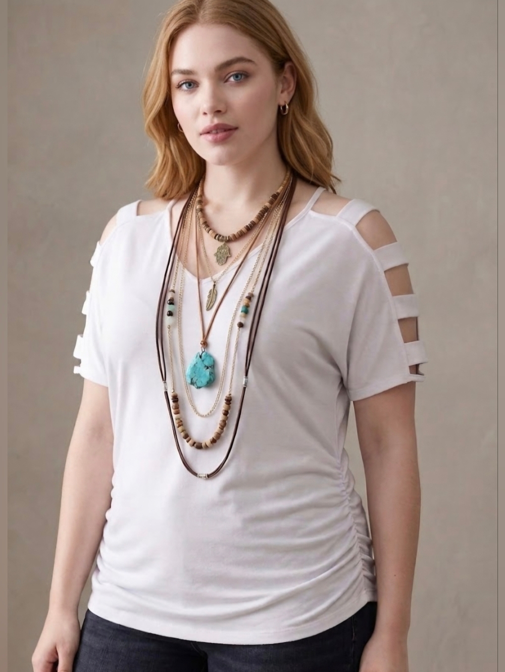 Women's Short Sleeve Cut Out Cold Shoulder Tops V Neck White T Shirt Large